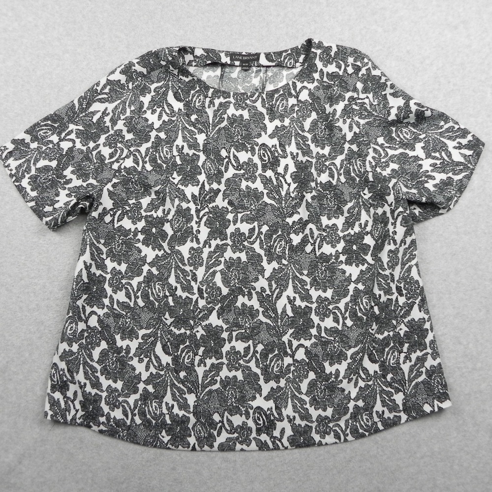Lane Bryant Top Womens 18/20 Lace-Up Back Blouse Black White Floral Short Sleeve